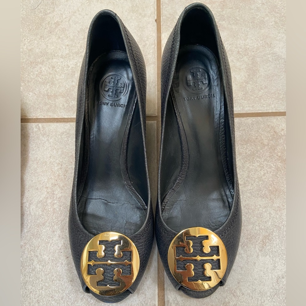 Tory Burch Leather Selma Wedge Logo Peep Toe Pumps